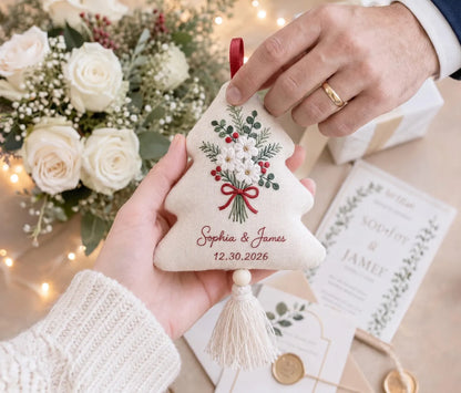 Personalized Christmas Tree Ornament, White Flowers Embroidered Wedding Ornament, Custom Couple Names & Date, Red Bow Holiday Keepsake Gifts