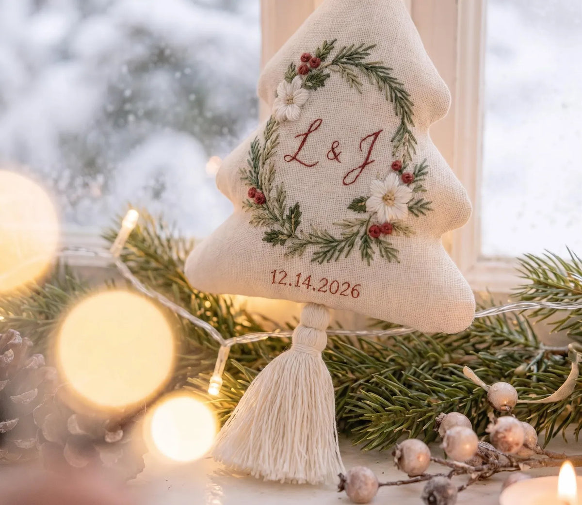 Personalized Christmas Tree Ornament, Embroidered Wedding Ornament, Holly Wreath Couple Initials, Custom Date, Holiday Wedding Keepsake Gift