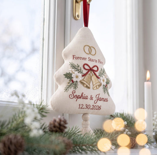 Personalized Christmas Wedding Ornament, Hand Embroidered Wedding Bells & Rings, Custom Names Date, First Christmas Married Gift