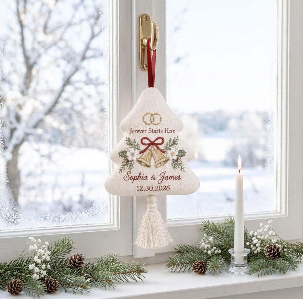 Personalized Christmas Wedding Ornament, Hand Embroidered Wedding Bells & Rings, Custom Names Date, First Christmas Married Gift