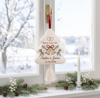 Personalized Christmas Wedding Ornament, Hand Embroidered Wedding Bells & Rings, Custom Names Date, First Christmas Married Gift