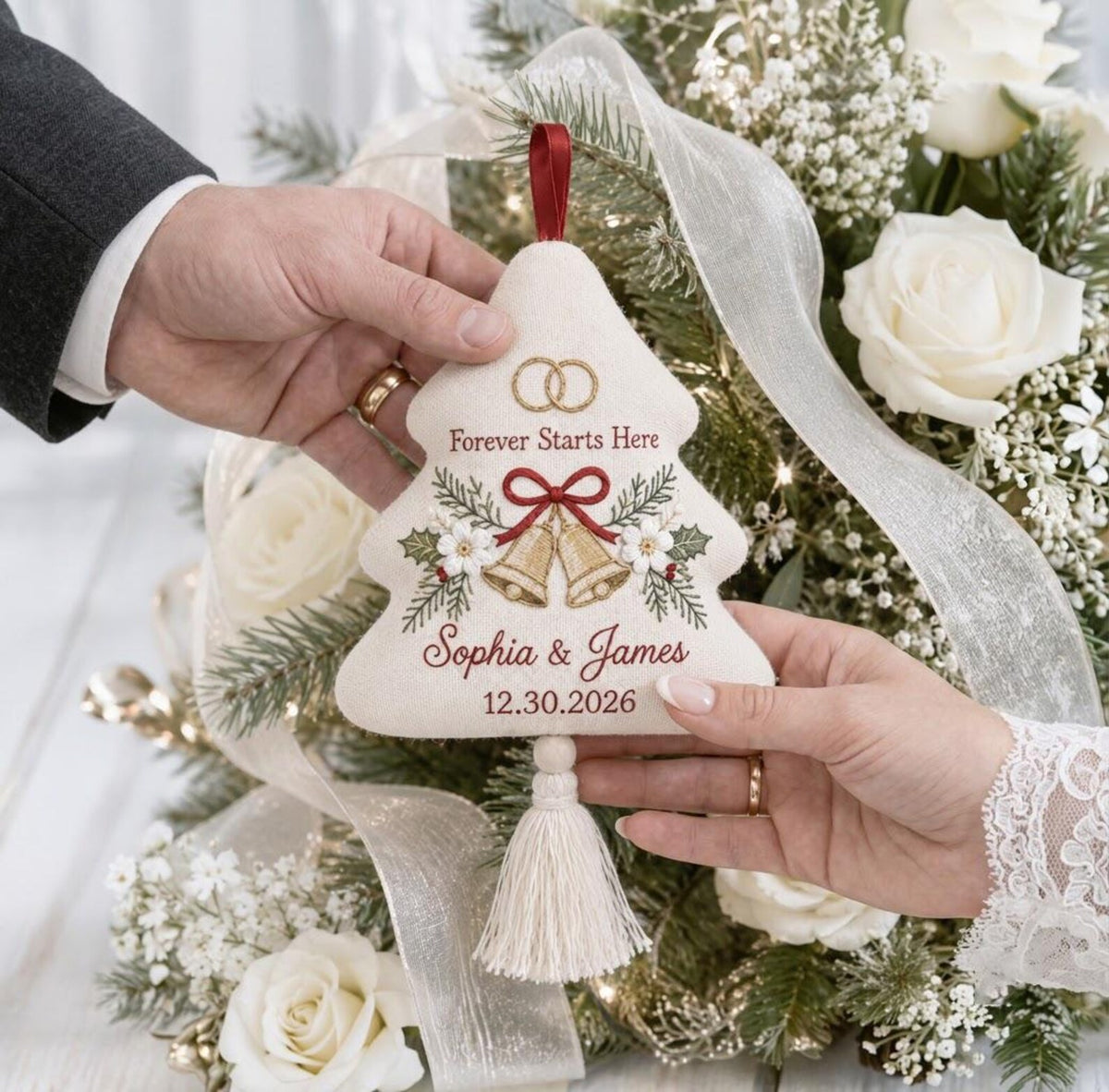 Personalized Christmas Wedding Ornament, Hand Embroidered Wedding Bells & Rings, Custom Names Date, First Christmas Married Gift