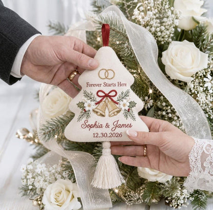 Personalized Christmas Wedding Ornament, Hand Embroidered Wedding Bells & Rings, Custom Names Date, First Christmas Married Gift