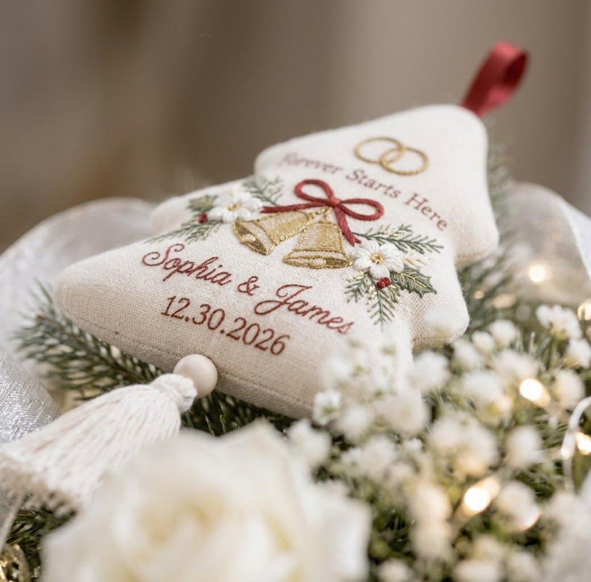 Personalized Christmas Wedding Ornament, Hand Embroidered Wedding Bells & Rings, Custom Names Date, First Christmas Married Gift