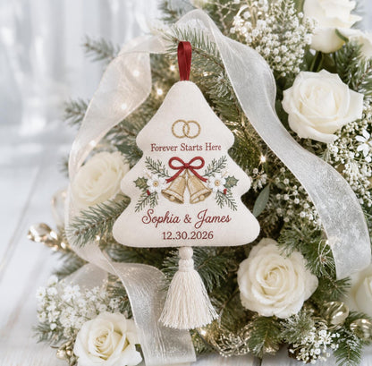 Personalized Christmas Wedding Ornament, Hand Embroidered Wedding Bells & Rings, Custom Names Date, First Christmas Married Gift