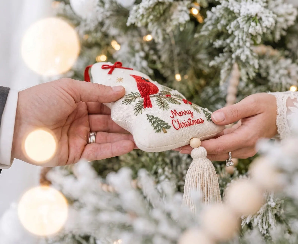 Hand Embroidered Cardinal Christmas Ornament, Christmas Tree Linen Tassel Decor, Red Bird, Pine & Berries, Holiday Gift