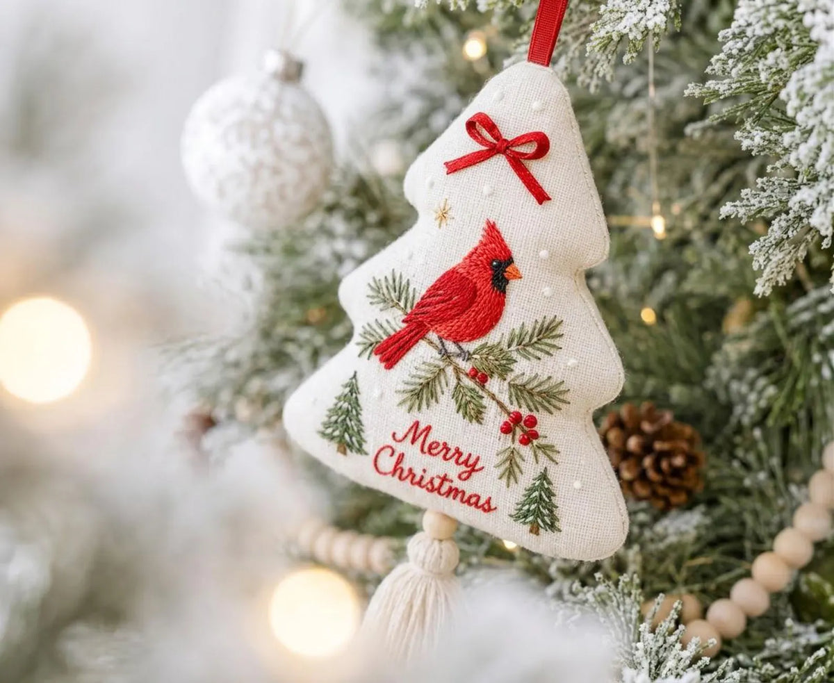 Hand Embroidered Cardinal Christmas Ornament, Christmas Tree Linen Tassel Decor, Red Bird, Pine & Berries, Holiday Gift