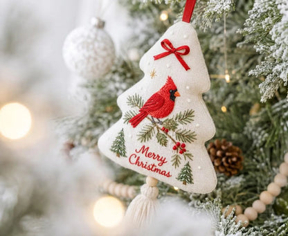 Hand Embroidered Cardinal Christmas Ornament, Christmas Tree Linen Tassel Decor, Red Bird, Pine & Berries, Holiday Gift