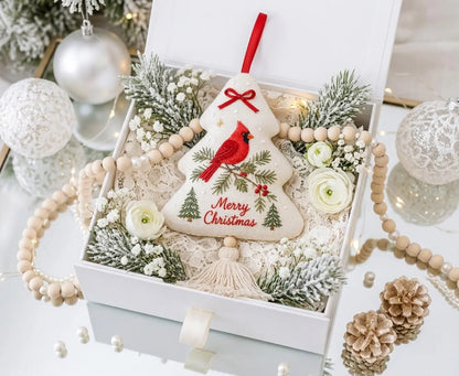 Hand Embroidered Cardinal Christmas Ornament, Christmas Tree Linen Tassel Decor, Red Bird, Pine & Berries, Holiday Gift