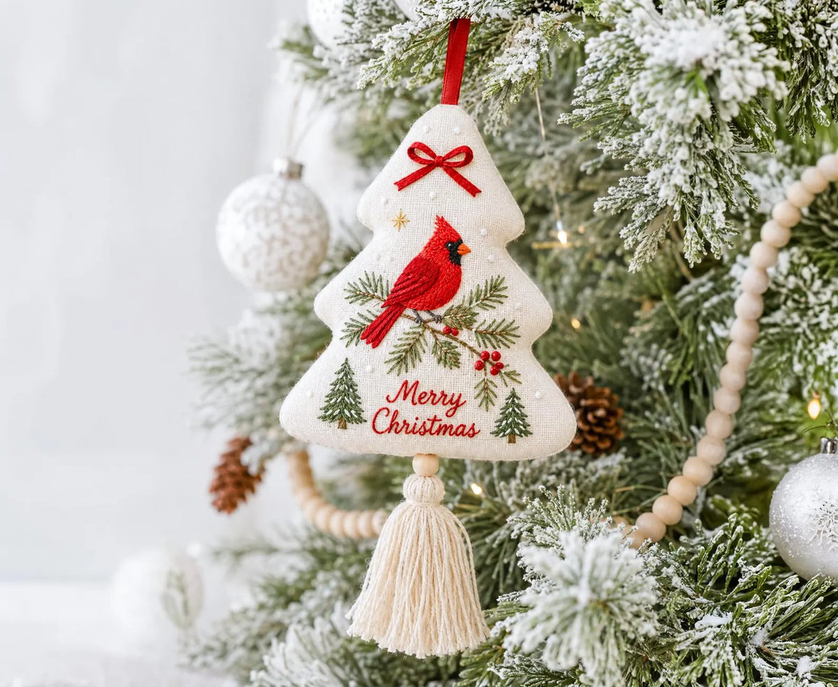 Hand Embroidered Cardinal Christmas Ornament, Christmas Tree Linen Tassel Decor, Red Bird, Pine & Berries, Holiday Gift