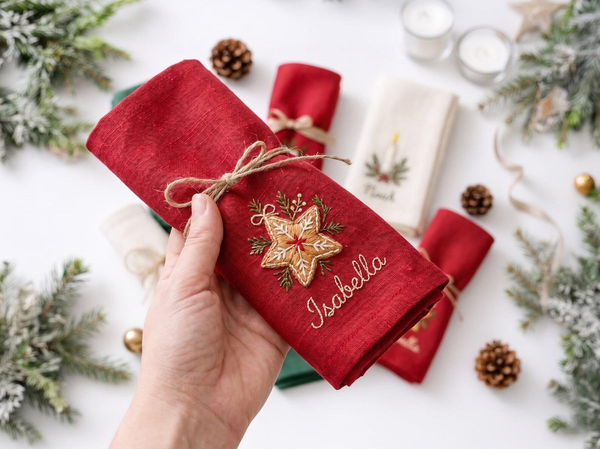 Personalized Christmas Linen Napkins Set of 6, Hand Embroidered Bells, Stocking, Candle & Candy Cane, Custom Names, Holiday Table Decor Gift