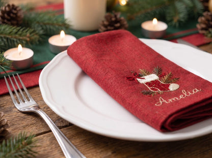 Personalized Christmas Linen Napkins Set of 6, Hand Embroidered Bells, Stocking, Candle & Candy Cane, Custom Names, Holiday Table Decor Gift