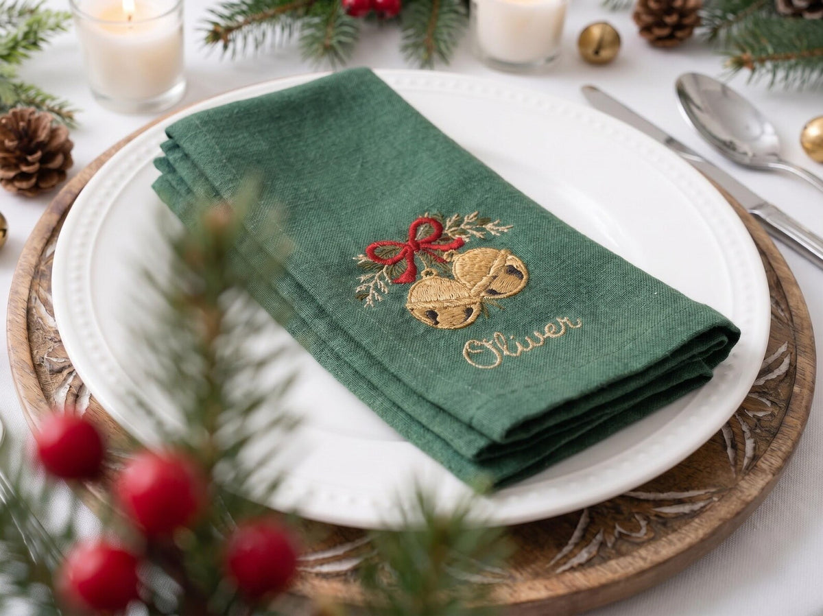 Personalized Christmas Linen Napkins Set of 6, Hand Embroidered Bells, Stocking, Candle & Candy Cane, Custom Names, Holiday Table Decor Gift