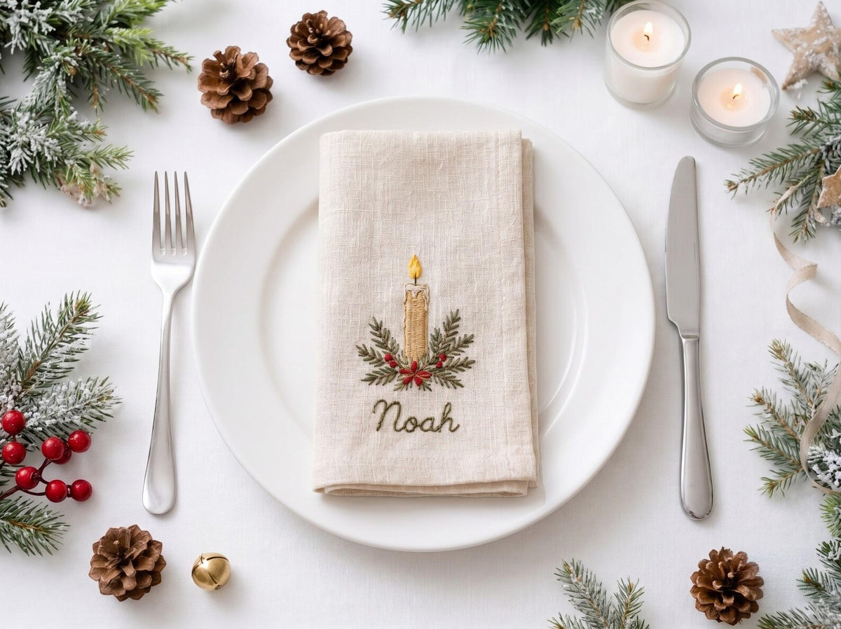 Personalized Christmas Linen Napkins Set of 6, Hand Embroidered Bells, Stocking, Candle & Candy Cane, Custom Names, Holiday Table Decor Gift