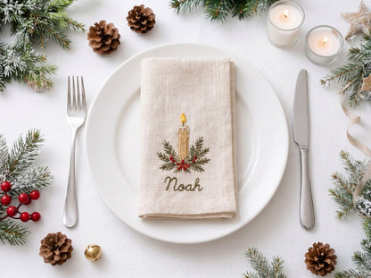 Personalized Christmas Linen Napkins Set of 6, Hand Embroidered Bells, Stocking, Candle & Candy Cane, Custom Names, Holiday Table Decor Gift