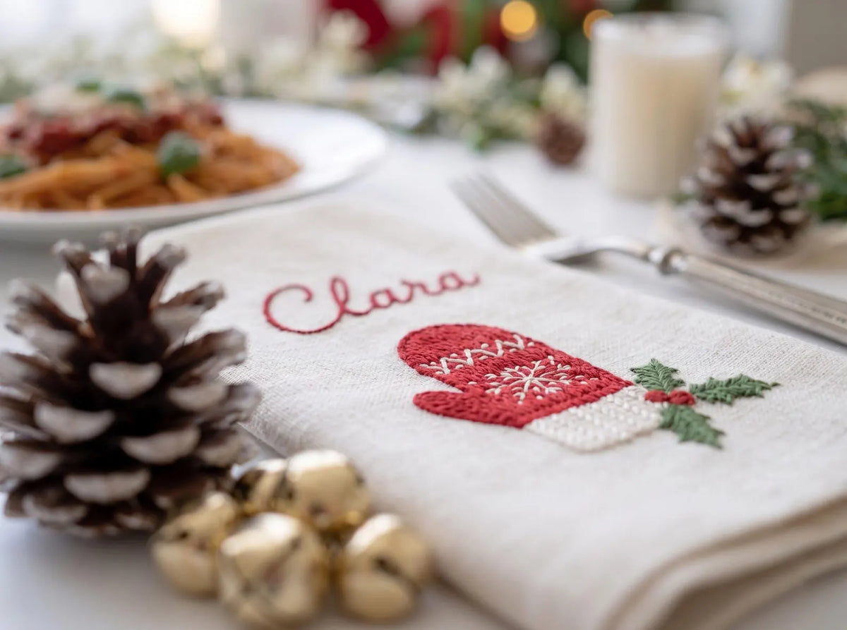 Personalized Christmas Linen Napkin Set of 6, Hand Embroidered Ornaments, Gift, Mitten, Candy Cane & Star, Custom Names, Holiday Table Decor