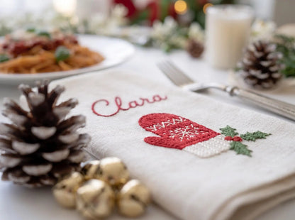 Personalized Christmas Linen Napkin Set of 6, Hand Embroidered Ornaments, Gift, Mitten, Candy Cane & Star, Custom Names, Holiday Table Decor
