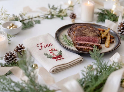 Personalized Christmas Linen Napkin Set of 6, Hand Embroidered Ornaments, Gift, Mitten, Candy Cane & Star, Custom Names, Holiday Table Decor