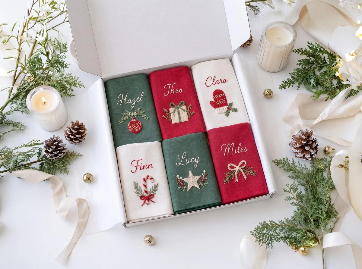 Personalized Christmas Linen Napkin Set of 6, Hand Embroidered Ornaments, Gift, Mitten, Candy Cane & Star, Custom Names, Holiday Table Decor