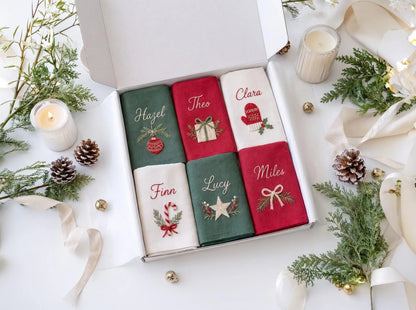 Personalized Christmas Linen Napkin Set of 6, Hand Embroidered Ornaments, Gift, Mitten, Candy Cane & Star, Custom Names, Holiday Table Decor
