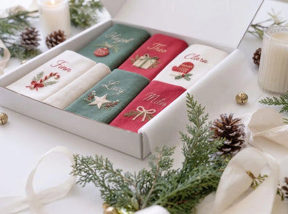 Personalized Christmas Linen Napkin Set of 6, Hand Embroidered Ornaments, Gift, Mitten, Candy Cane & Star, Custom Names, Holiday Table Decor