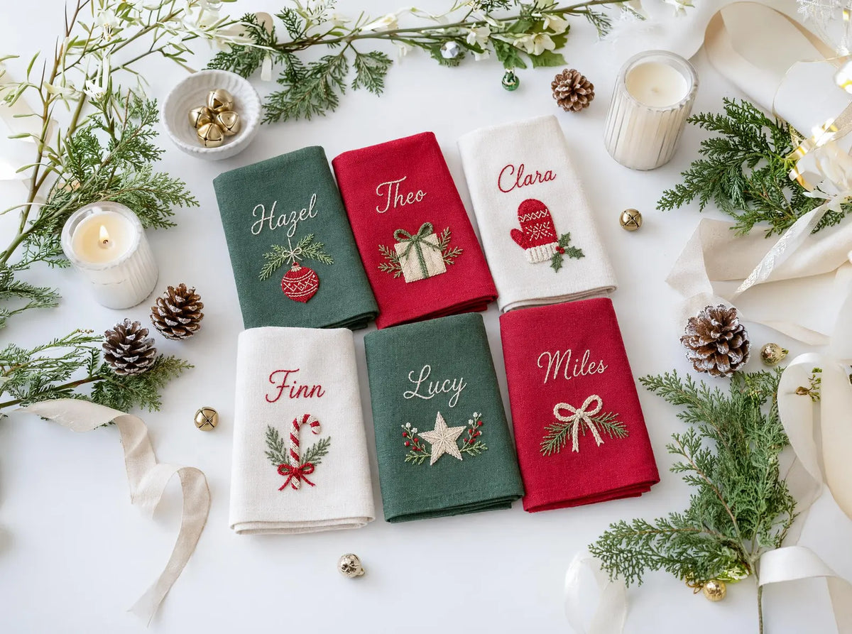Personalized Christmas Linen Napkin Set of 6, Hand Embroidered Ornaments, Gift, Mitten, Candy Cane & Star, Custom Names, Holiday Table Decor