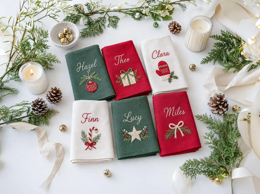 Personalized Christmas Linen Napkin Set of 6, Hand Embroidered Ornaments, Gift, Mitten, Candy Cane & Star, Custom Names, Holiday Table Decor