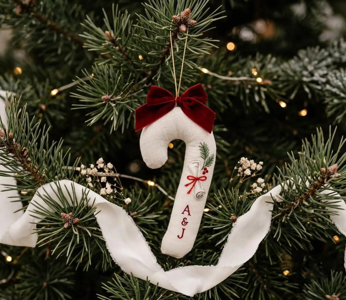 Personalized Candy Cane Ornament, Embroidered Christmas Wedding Ornament, Wedding Vows Scroll, Custom Couple Initials, Red Bow Keepsake Gift