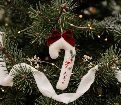 Personalized Candy Cane Ornament, Embroidered Christmas Wedding Ornament, Wedding Vows Scroll, Custom Couple Initials, Red Bow Keepsake Gift