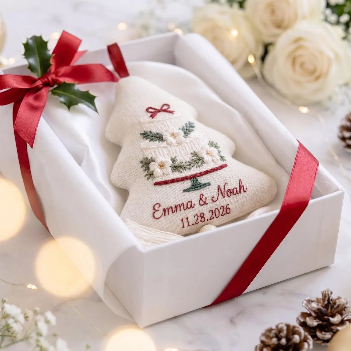 Personalized Christmas Tree Ornament, Embroidered Wedding Cake Linen Ornament, Custom Couple Names & Date, Rustic Handmade Keepsake Ornament