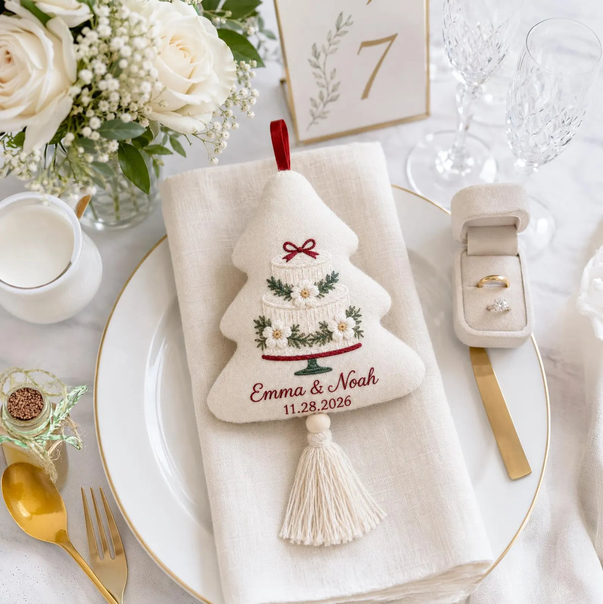 Personalized Christmas Tree Ornament, Embroidered Wedding Cake Linen Ornament, Custom Couple Names & Date, Rustic Handmade Keepsake Ornament
