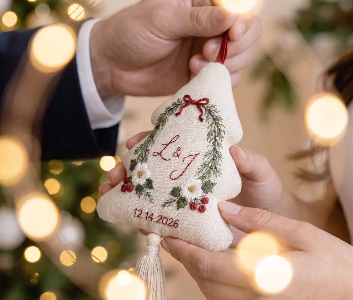 Personalized Christmas Tree Ornament, Embroidered Winter Floral Wedding Ornament, Custom Couple Initials & Date, Holiday Keepsake Gift Decor