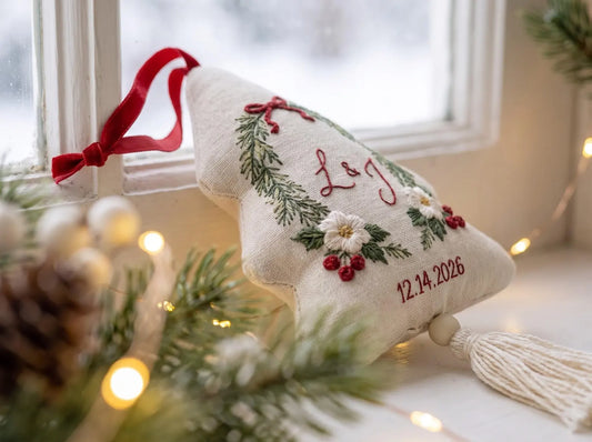 Personalized Christmas Tree Ornament, Embroidered Winter Floral Wedding Ornament, Custom Couple Initials & Date, Holiday Keepsake Gift Decor