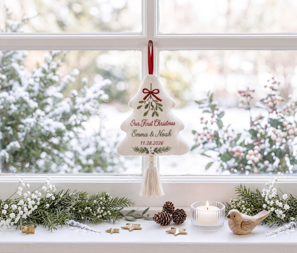 Personalized Our First Christmas Ornament, Embroidered Christmas Tree Ornament, Custom Couple Names & Date, Mistletoe Newlywed Keepsake Gift
