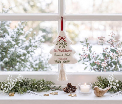 Personalized Our First Christmas Ornament, Embroidered Christmas Tree Ornament, Custom Couple Names & Date, Mistletoe Newlywed Keepsake Gift