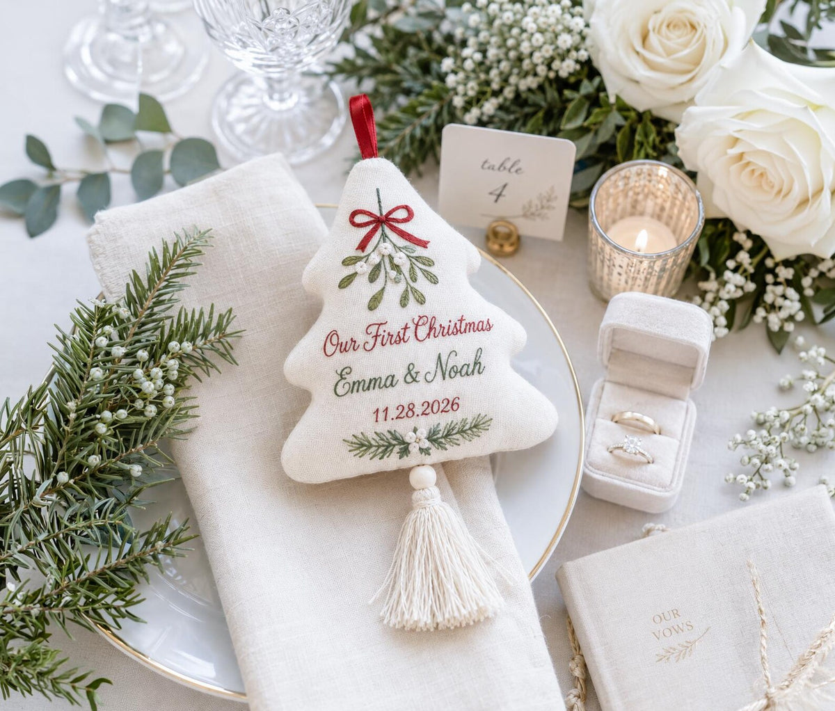 Personalized Our First Christmas Ornament, Embroidered Christmas Tree Ornament, Custom Couple Names & Date, Mistletoe Newlywed Keepsake Gift
