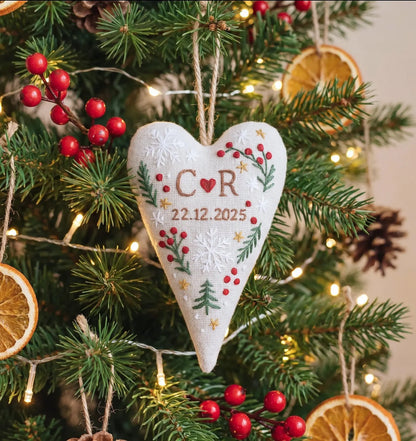 Personalized Christmas Heart Ornament, Hand Embroidered Red Berry & Snowflake Keepsake, Custom Initial Wedding Gift for Couple