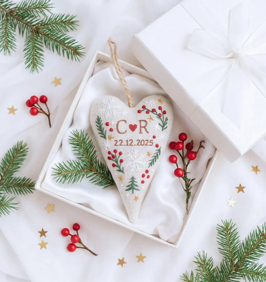 Personalized Christmas Heart Ornament, Hand Embroidered Red Berry & Snowflake Keepsake, Custom Initial Wedding Gift for Couple