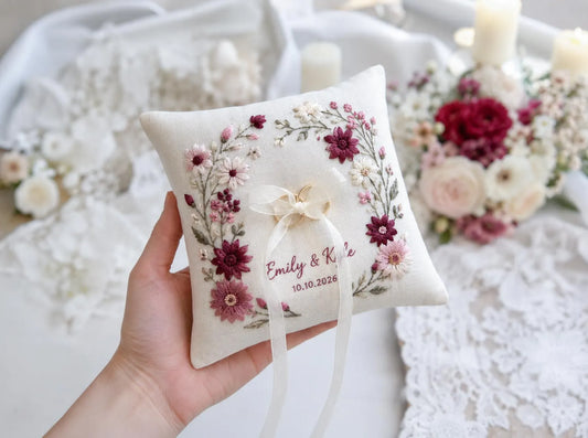 Personalized Ring Bearer Pillow, Hand Embroidered Burgundy Blush Floral Wreath Cushion, Custom Linen Wedding Ceremony Keepsake Decor Accent