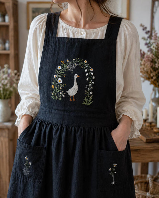 Personalized Black Linen Apron, Hand Embroidered Goose, Daisy & Lily of the Valley with Spider Web Pocket Details, Cottagecore Kitchen Apron