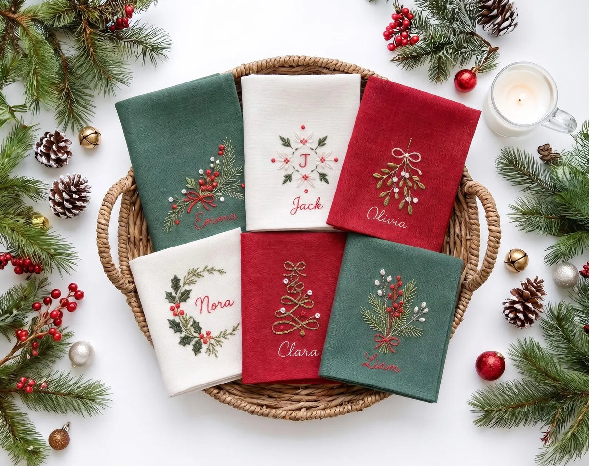 Personalized Christmas Linen Napkins Set of 6, Hand Embroidered Holly, Mistletoe, Pine & Berries, Custom Names, Holiday Table Decor Gift Set