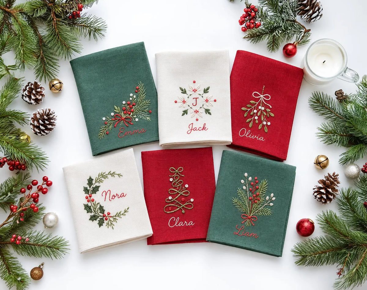 Personalized Christmas Linen Napkins Set of 6, Hand Embroidered Holly, Mistletoe, Pine & Berries, Custom Names, Holiday Table Decor Gift Set