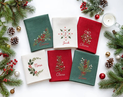Personalized Christmas Linen Napkins Set of 6, Hand Embroidered Holly, Mistletoe, Pine & Berries, Custom Names, Holiday Table Decor Gift Set