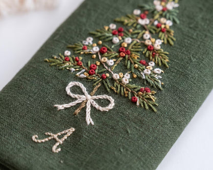 Personalized Christmas Linen Napkins Set of 6, Hand Embroidered Holly, Mistletoe, Pine & Berries, Custom Names, Holiday Table Decor Gift Set