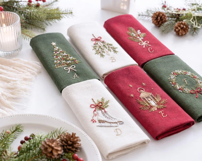 Personalized Christmas Linen Napkins Set of 6, Hand Embroidered Holly, Mistletoe, Pine & Berries, Custom Names, Holiday Table Decor Gift Set