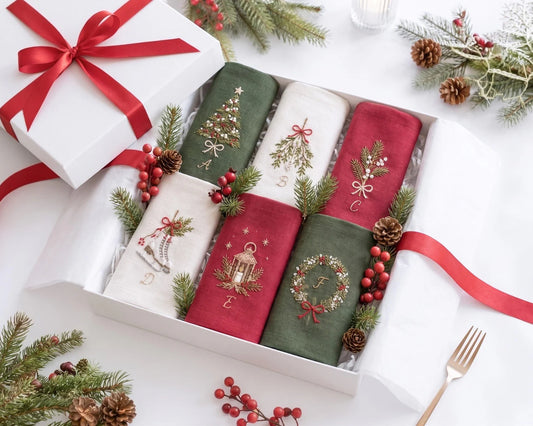 Personalized Christmas Linen Napkins Set of 6, Hand Embroidered Holly, Mistletoe, Pine & Berries, Custom Names, Holiday Table Decor Gift Set