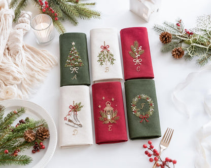 Personalized Christmas Linen Napkins Set of 6, Hand Embroidered Holly, Mistletoe, Pine & Berries, Custom Names, Holiday Table Decor Gift Set