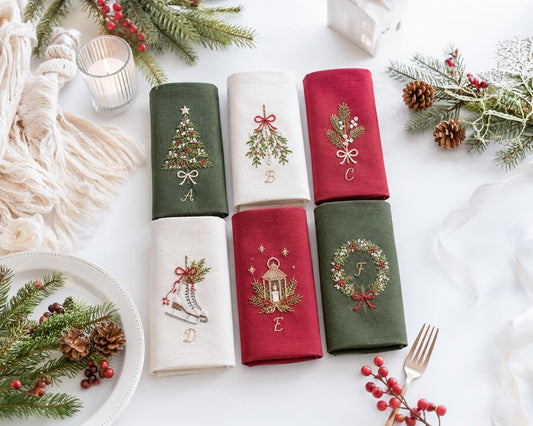 Personalized Christmas Linen Napkins Set of 6, Hand Embroidered Holly, Mistletoe, Pine & Berries, Custom Names, Holiday Table Decor Gift Set