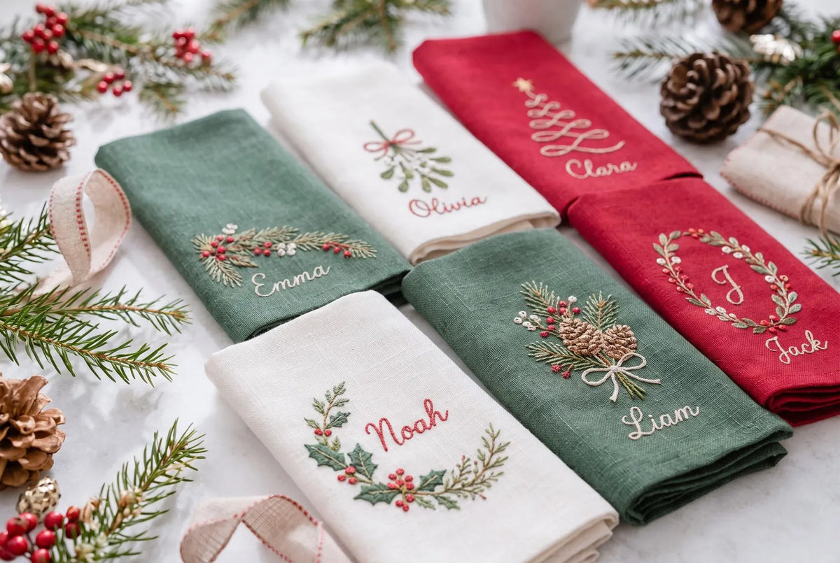 Personalized Christmas Linen Napkins Set of 6, Hand Embroidered Holly, Mistletoe, Pine & Berries, Custom Names, Holiday Table Decor Gift Set