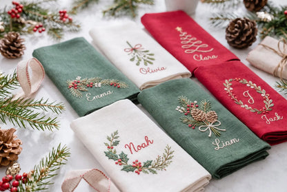 Personalized Christmas Linen Napkins Set of 6, Hand Embroidered Holly, Mistletoe, Pine & Berries, Custom Names, Holiday Table Decor Gift Set